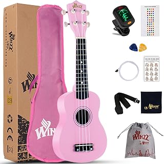 Winzz Soprano Ukulele Starter Kit For Beginners with Bag, Clip-On Tuner, Extra Strings, Strap, Plectrum, Fret Stickers, Chords Card, Polishing Cloth, Pink