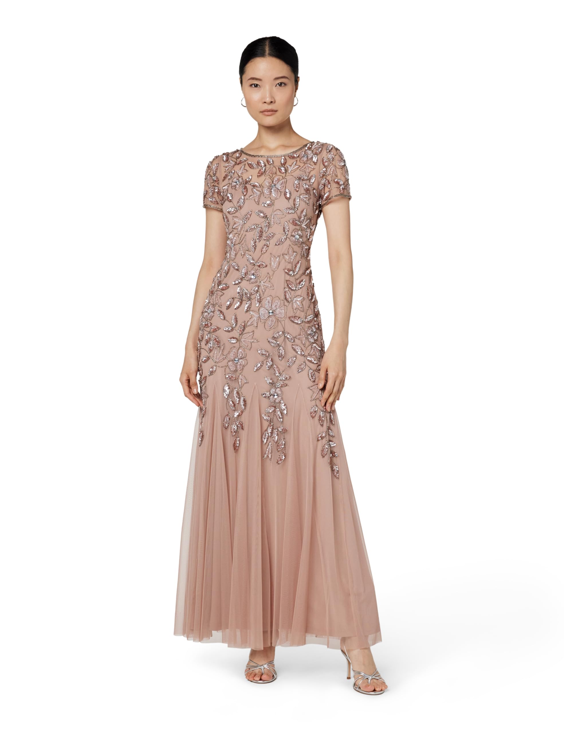 Adrianna Papell Womens Floral Beaded Godet Gown