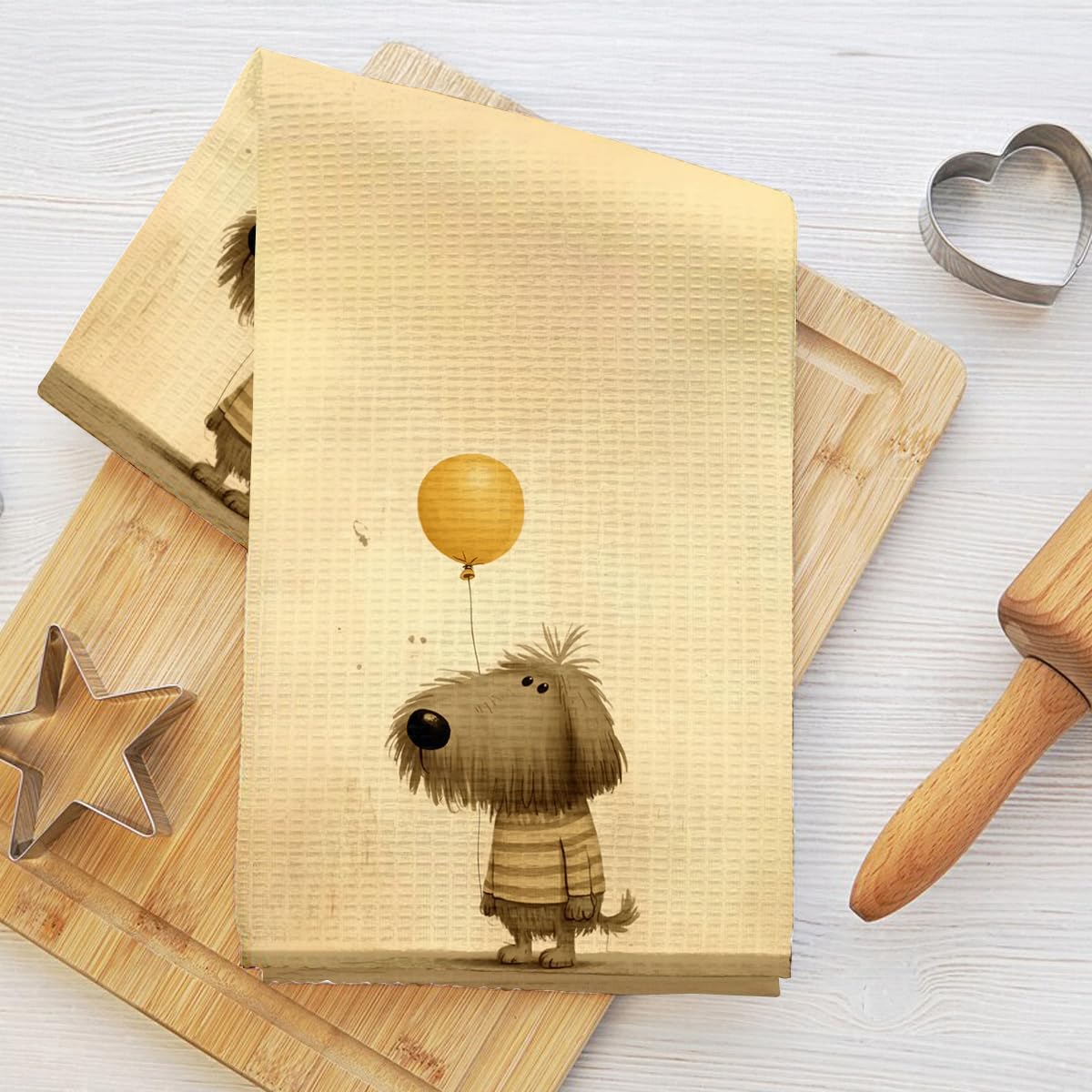 Fluffy Dog and Balloon Kitchen Towel, Absorbent Microfiber Dish Decorative Cloth