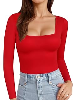 MANGOPOP T-shirt basique ajusté à manches longues et col carré pour femme