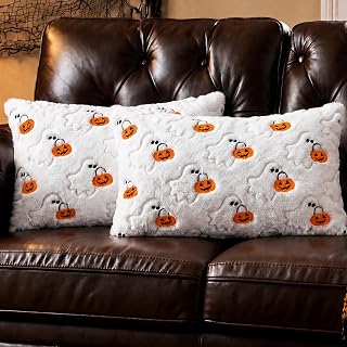 2 Pcs Halloween Throw Pillow Covers 12x20 Plush Ghost Pumpkin Cushion Cover