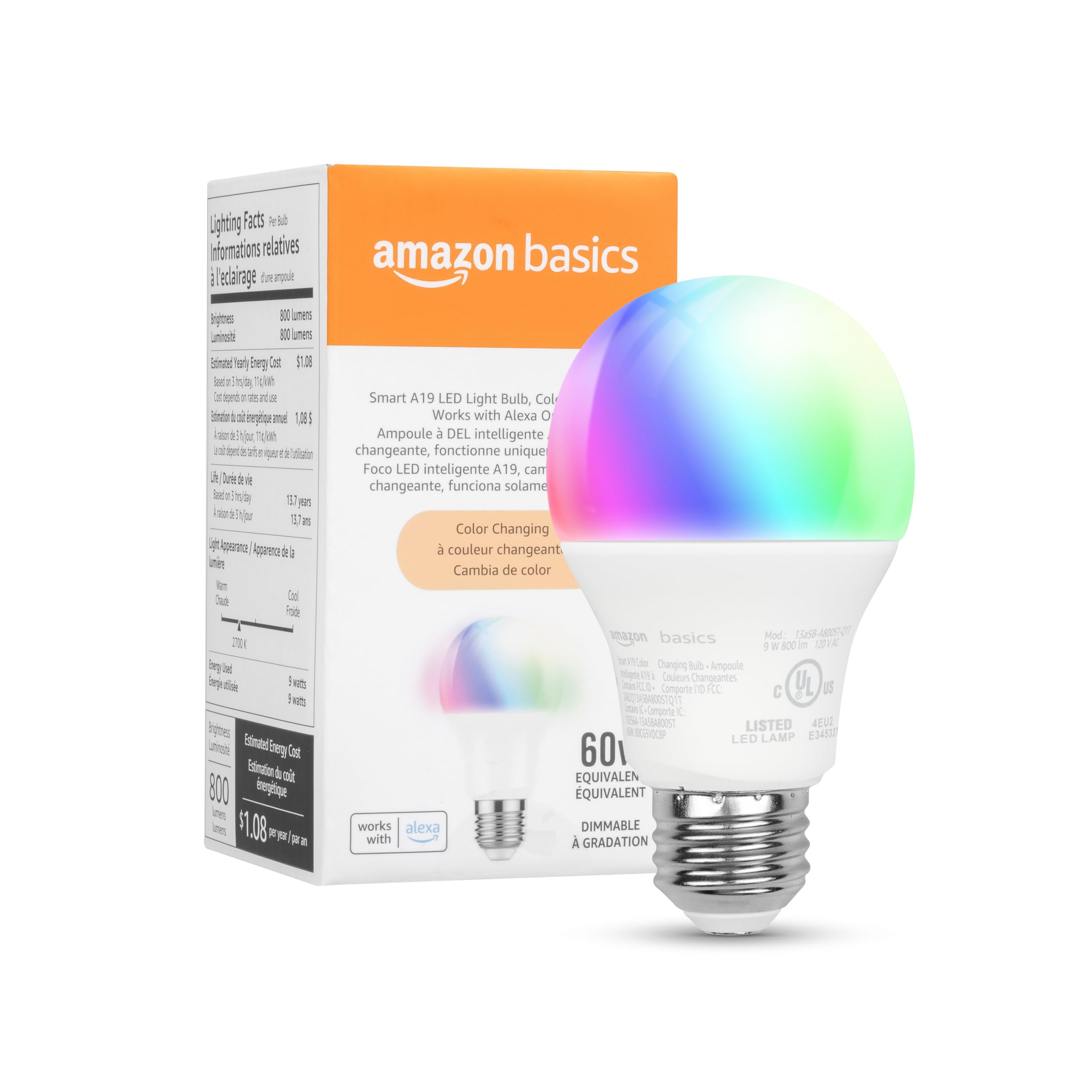Amazon Basics Smart A19 LED Light Bulb, Color Changing, 9W (60W Equivalent), 800