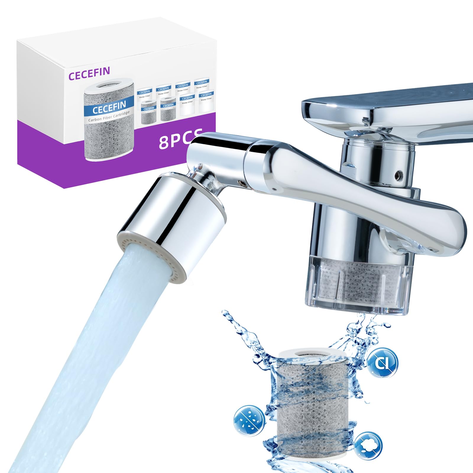 CECEFIN Sink Filter for Bathroom/Kitchen Water Faucet Extender, 1080 Swivel | 9p