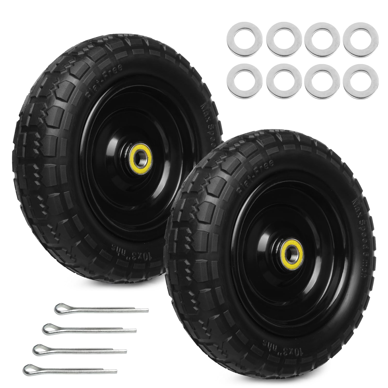 13 Inch Solid Rubber Tires, 4.00-6 Tire Flat Free with 5/8" Bearings, 2.17" Offs