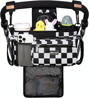 TOPDesign Universal Baby Stroller Organizer, Stroller Caddy with Detachable Mesh Bag &amp; Heightened Insulated Cup Holders &amp; Non-Slip Secure Hooks Accessories, Fits Most Strollers (Checkerboard)