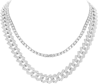 HH BLING EMPIRE Gold Silver Iced Out Diamond Tennis Chain Necklace for Men Women, Rhinestone Tennis Necklaces for Women and Teens, Tennis and Cuban Link Chains 18-30 Inches