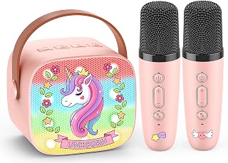 Mini Karaoke Machine for Kids, Exssary 3 4 5 6 7 8-12 Year Old Girl Gifts Portable Bluetooth Speaker with 2 Wireless Microphone Unicorn Toys Christmas Birthday Gifts for Girls Kids Teens (Pink)