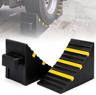NBYTLT 2 Pack Heavy Duty Wheel Chocks, Rubber Tyre Stops, 25x16x19cm | Wheel Chocks with Handles and Yellow Strips, Ribbed Traction Surface for Cars, Trailers and Garage Parking