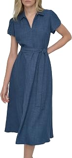 DKNY Women's Short Sleeve Collared V-Neck Tie Waist Midi Dress