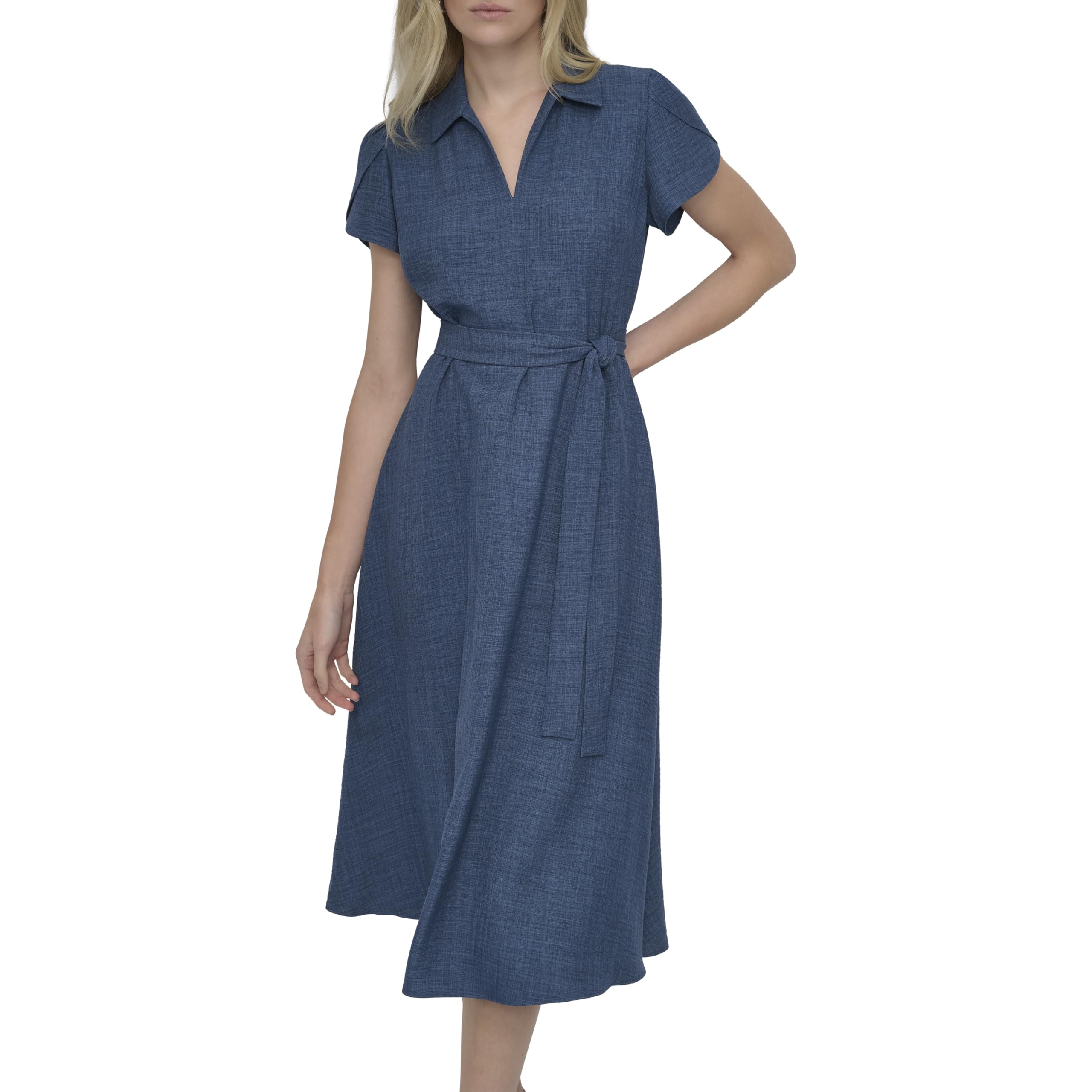 DKNY Women's Short Sleeve Collared V-Neck Tie Waist Midi Dress