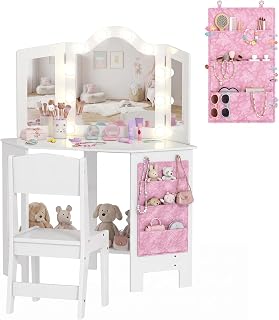 Qaba Kids Girl Vanity Set with Mirror Stool Lights Ages 3-8 Years White | 2 in 1 Makeup Dressing Table, Side Storage Pocket, Pretend Play Toys