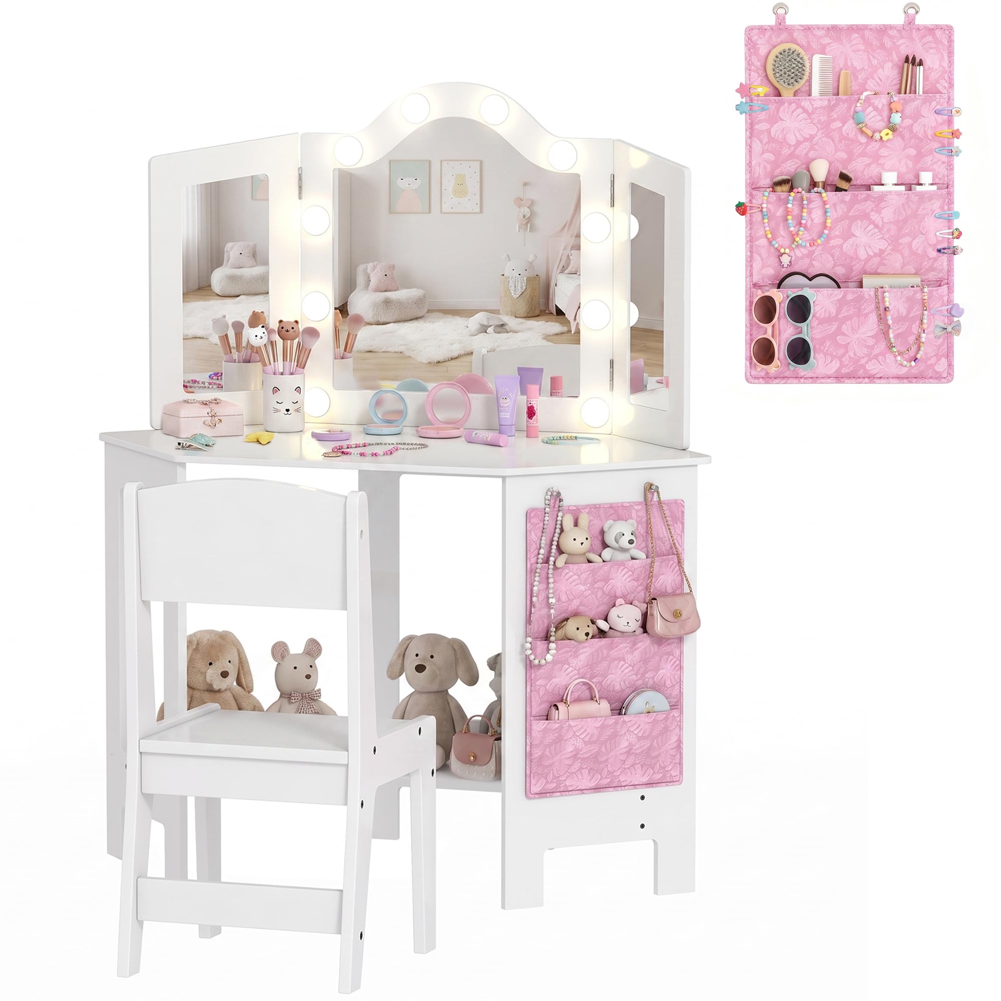 Qaba Kids Girl Vanity Set with Mirror Stool Lights Ages 3-8 Years White | 2 in 1