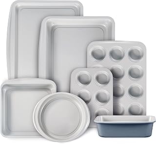 CAROTE 7-Piece Baking Pans Set, Nonstick Bakeware Sets, Gray & Blue | Cookie Sheets, Muffin, Bread, Cake, Loaf, Roasting Pan, Easy-Release, Oven Safe Up to 446°F, PFAS-Free, Stackable, Home, Gift