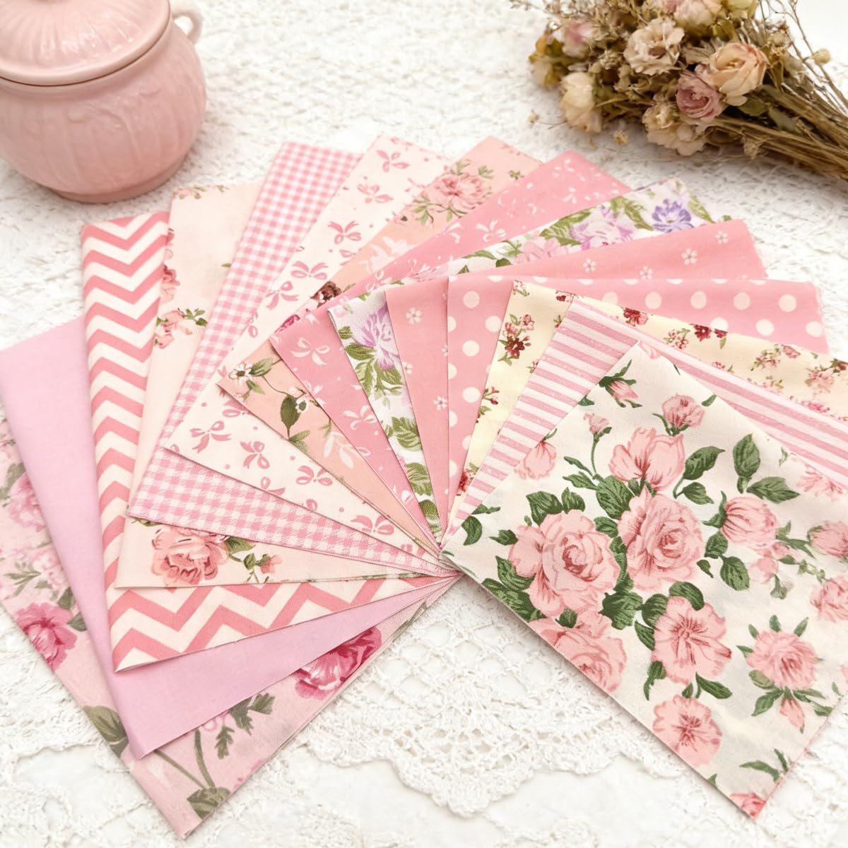 14 Pieces 10x10 Inch Twill Fabric - Pink Floral Print Pre-Cut Patchwork Fabric f
