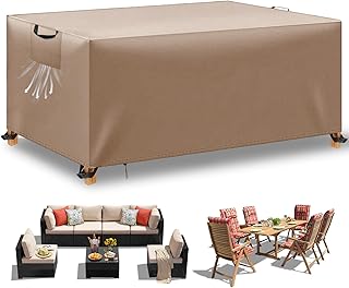 WUAYAMI Cover for Garden Furniture Waterproof Canvas Garden Furniture Windproof Anti-UV 420D Oxford Fabric Heavy Duty for Groups of Seating Garden Tables Garden Furniture Khaki, 242 x 162