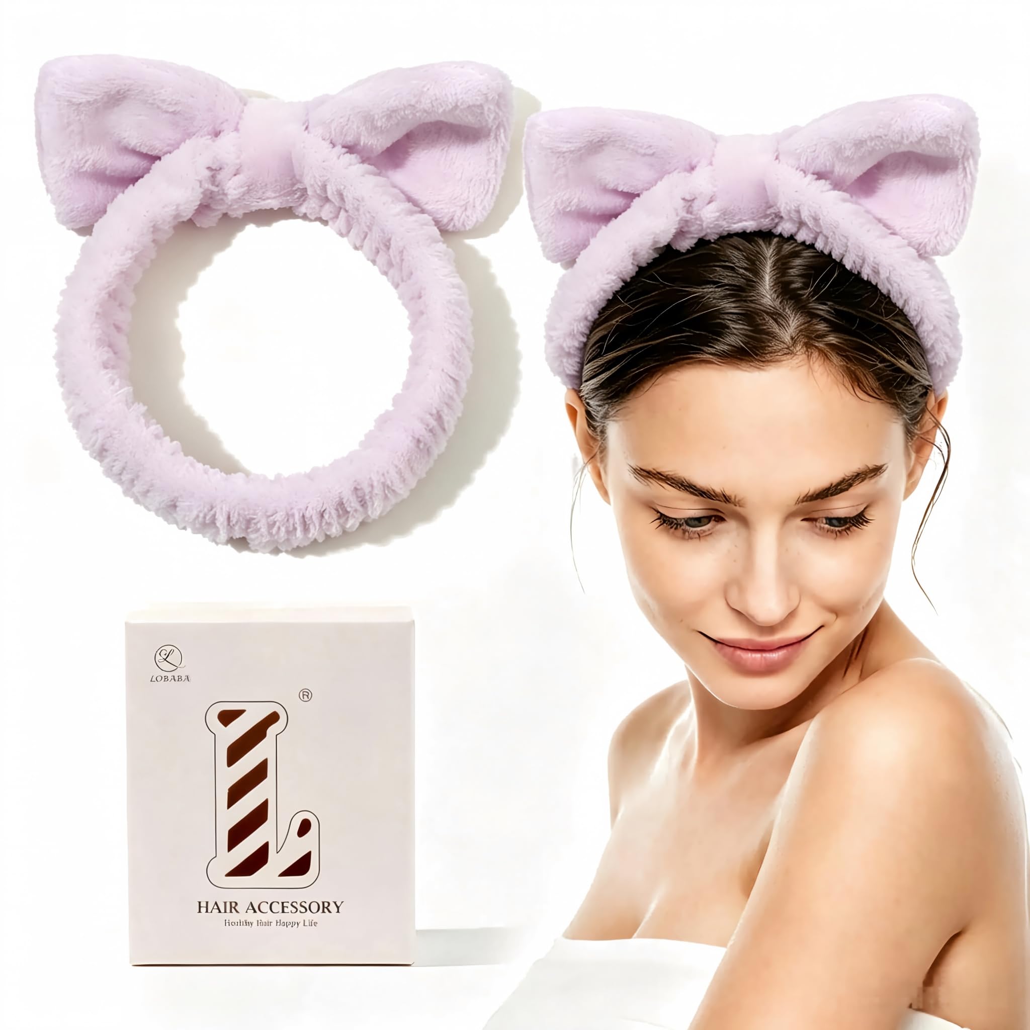 Women Makeup Headband - Spa Headband Soft Lilac Fleece Bow Face Wash Skin Care H
