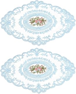Generic 2 Pack Retro Lace Placemats 12x16 Inch Oval Embroidered Table Placemats French Crochet Doilies Coasters Cup Mats for Home Wedding Sky Blue