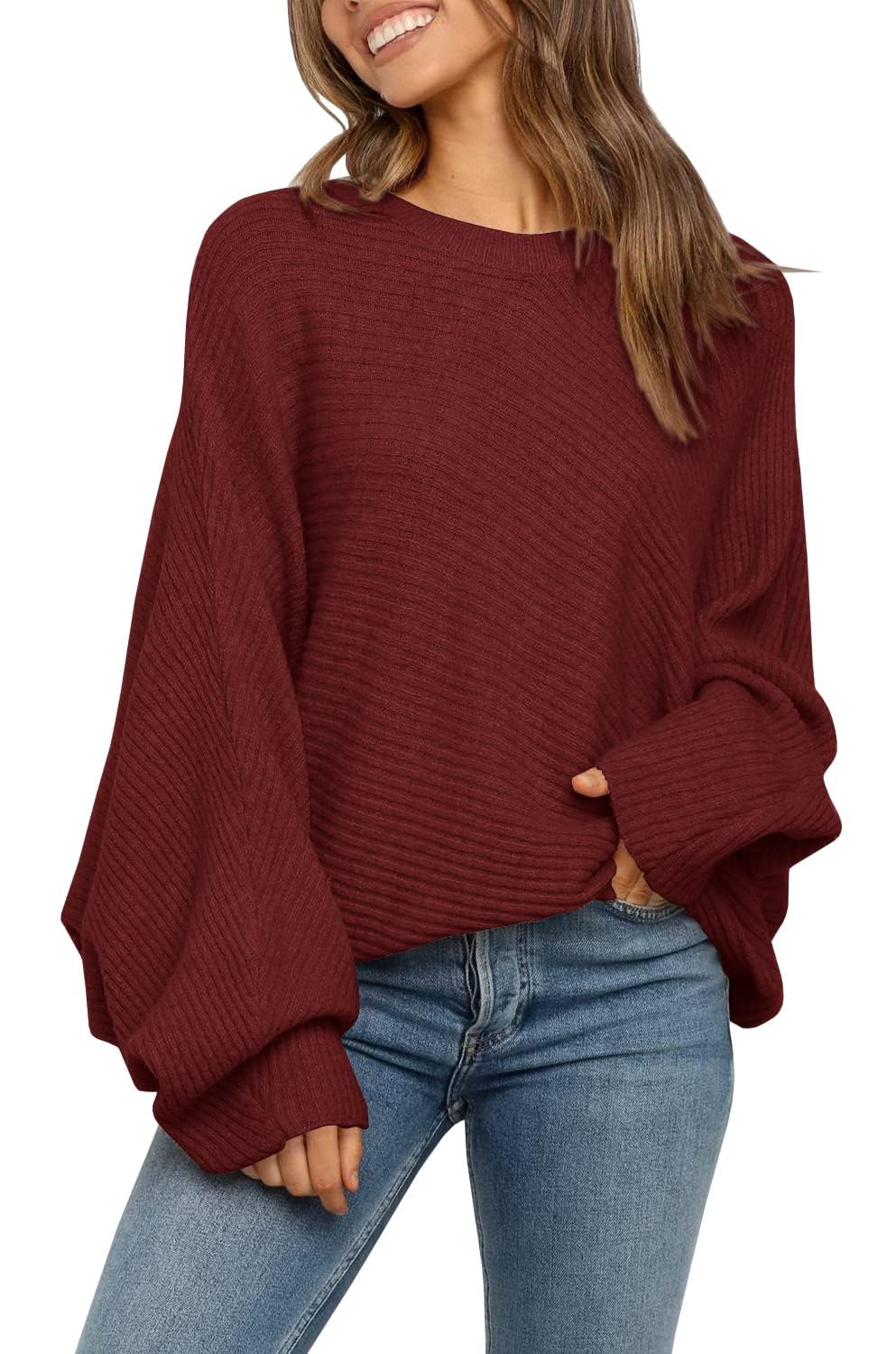 Fessceruna Womens Oversized Batwing Sleeve Knit Sweater Crew Neck Ribbed Winter 