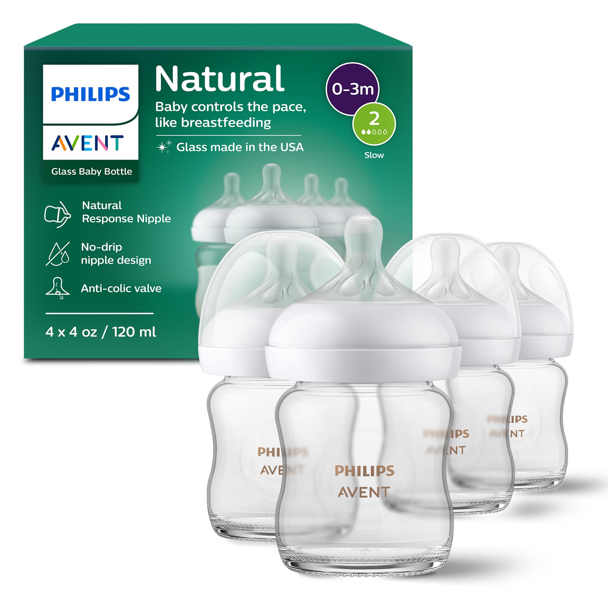 Philips Avent Natural Glass Baby Bottles, Slow Flow, 4 oz, BPA-Free, 4-Pack | Co