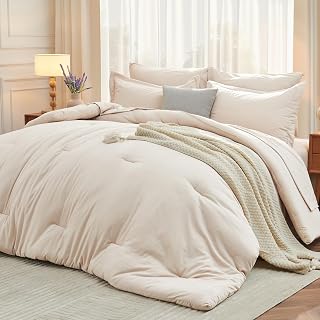 MUXHOMO Queen Comforter Set 7 Pieces, Soft Bed in a Bag, Beige | All Season Queen Size Bedding Set with Comforter, Flat & Fitted Sheets, Pillowcases & Shams, OEKO-TEX Down Alternative Fill