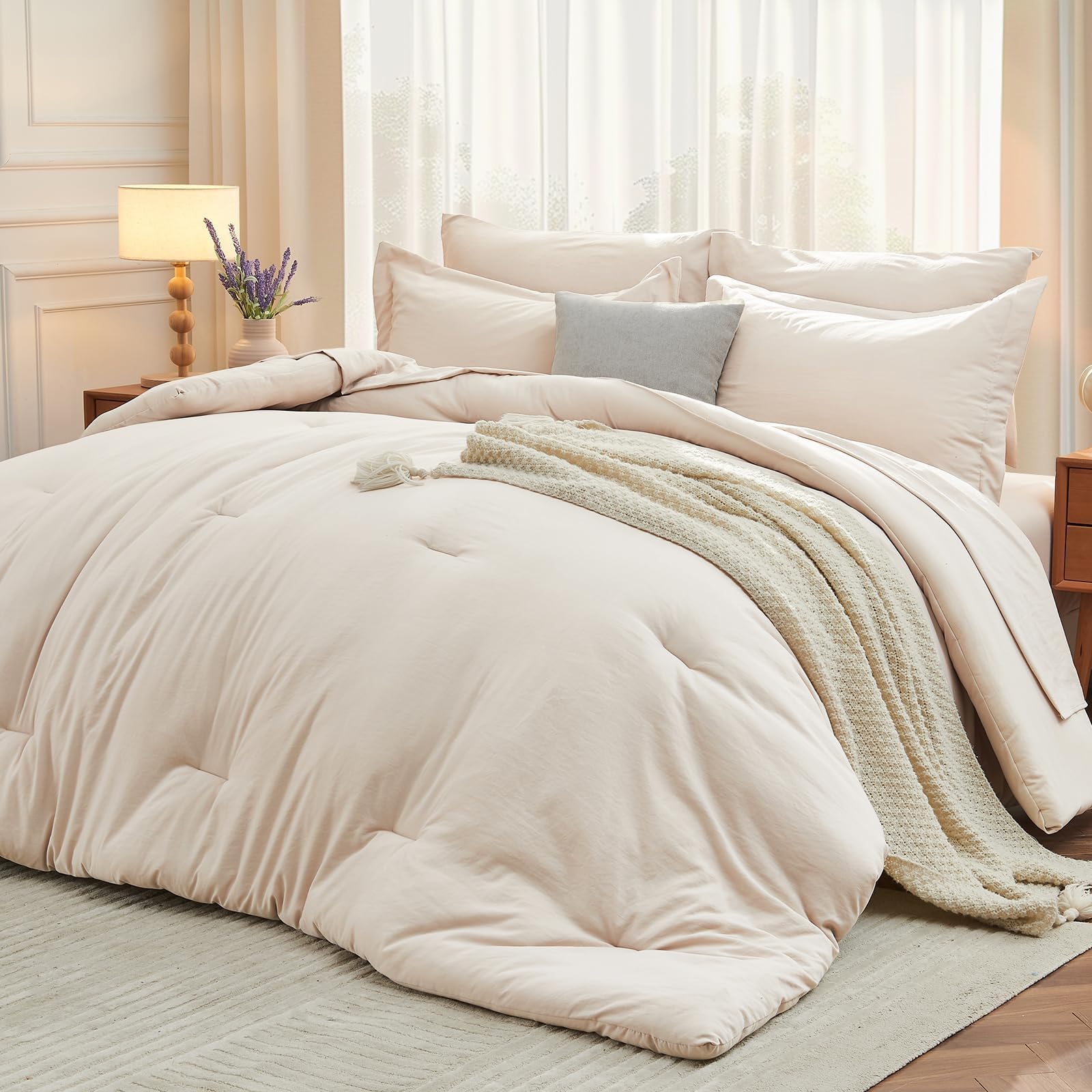 MUXHOMO Queen Comforter Set 7 Pieces, Soft Bed in a Bag, Beige | All Season Quee