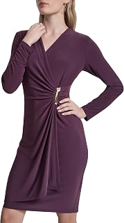 DKNY Vestido de manga larga con cuello cruzado para mujer