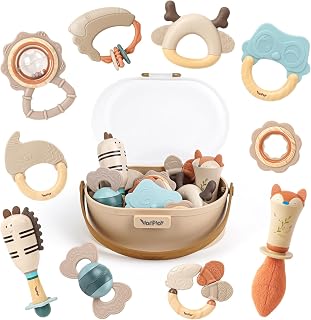 Baby Rattles & Teethers Set, Baby Toys 0-6 Months, Teething Toys 3-6 Months | Sensory Toys with Soft Textures, Gentle Sounds & Easy-Grip Shape, Neutral Newborn Gift（10-Pack）