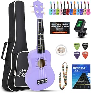 AMDINI Soprano Ukulele for Kids 21 Inch Hawaiian Wood Ukelele Beginner Kit | Incl. Online Lesson Gig Bag Strap Nylon String Tuner Picks, Purple Adult Starter Ukalalee Set Student Ukalelee Christmas Gift