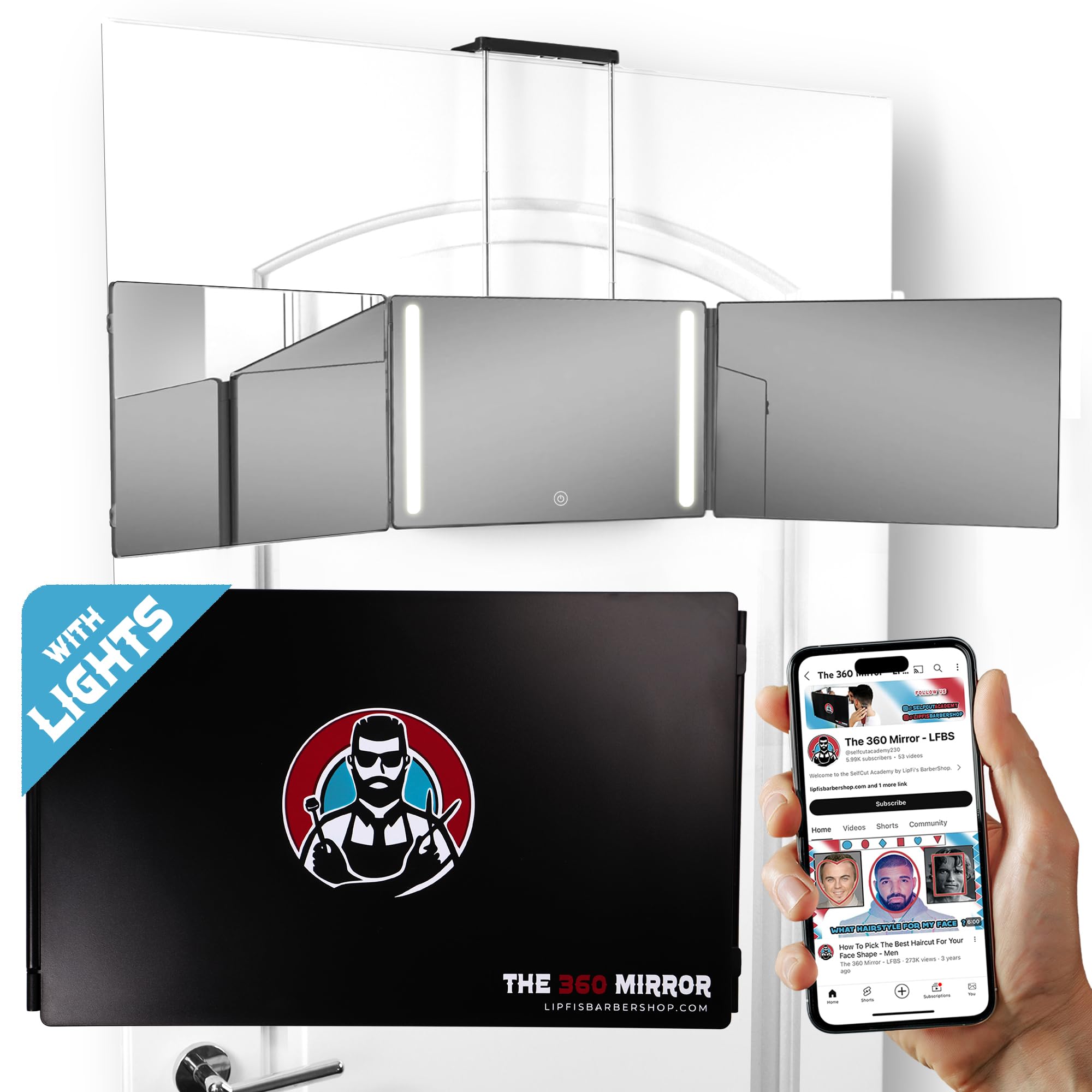 360 Mirror LED Lights Barber 3 Way Hanging Mirror Self Hair Cutting System | Rec
