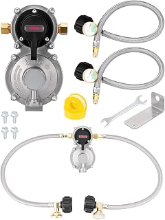 JURPLIX RV 2-Stage Auto Changeover LP Propane Gas Regulator with Dual 18" Pigtail Propane Stainless Braided Hoses &amp; Propane Tank Gauge Ideal for RVs, Campers, Trailers, Vans