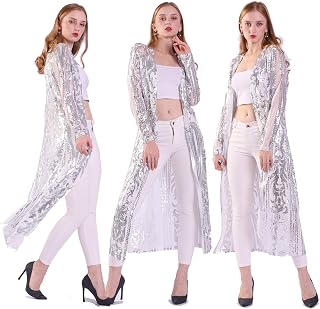 Women's Glitter Sequin Cardigan Long Sleeve Sparkle Duster Evening Party Cover Up Open Front Coat
