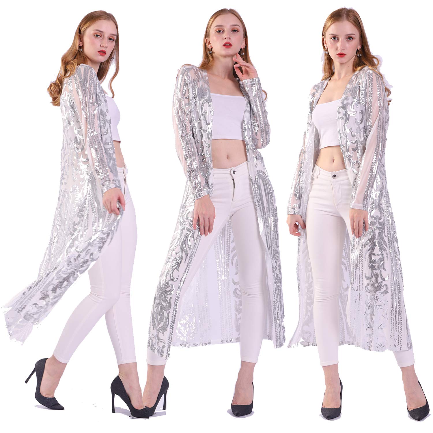 Women's Glitter Sequin Cardigan Long Sleeve Sparkle Duster Evening Party Cover U