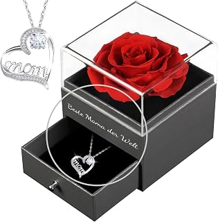 Yamonic Mother's Day Gift Ideas, Mother's Day Gift, Eternal Rose with Necklace, "Best Mom in the World" in German, Real Stabilized Rose for Mom, Gift for Mother, Birthday Gift, Red Rose