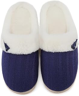 NineCiFun Pantoufles à enfiler en mousse à mémoire de forme pour femme - Pour intérieur et extérieur - Chaudes - Avec doublure en fausse fourrure, bleu marine, 13-14