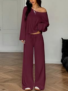 Womens Lounge Set 2 Piece Oversized Off Shoulder Long Sleeve Wide Leg Pants Soft Breathable