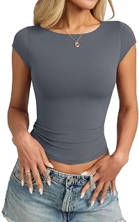 EasyGala Womens Double Lined Boat Neck Tops Cap Sleeve Tight Y2k T Shirts
