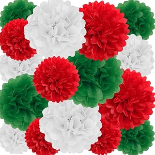 18 PCS Tissue Paper Pom Poms, Tissue Paper Flowers, Sizes of 6", 10", 12", 14" Christmas Paper Flower Party Decor for Wedding, Birthday, Christmas, Baby Showers (Green Red White)