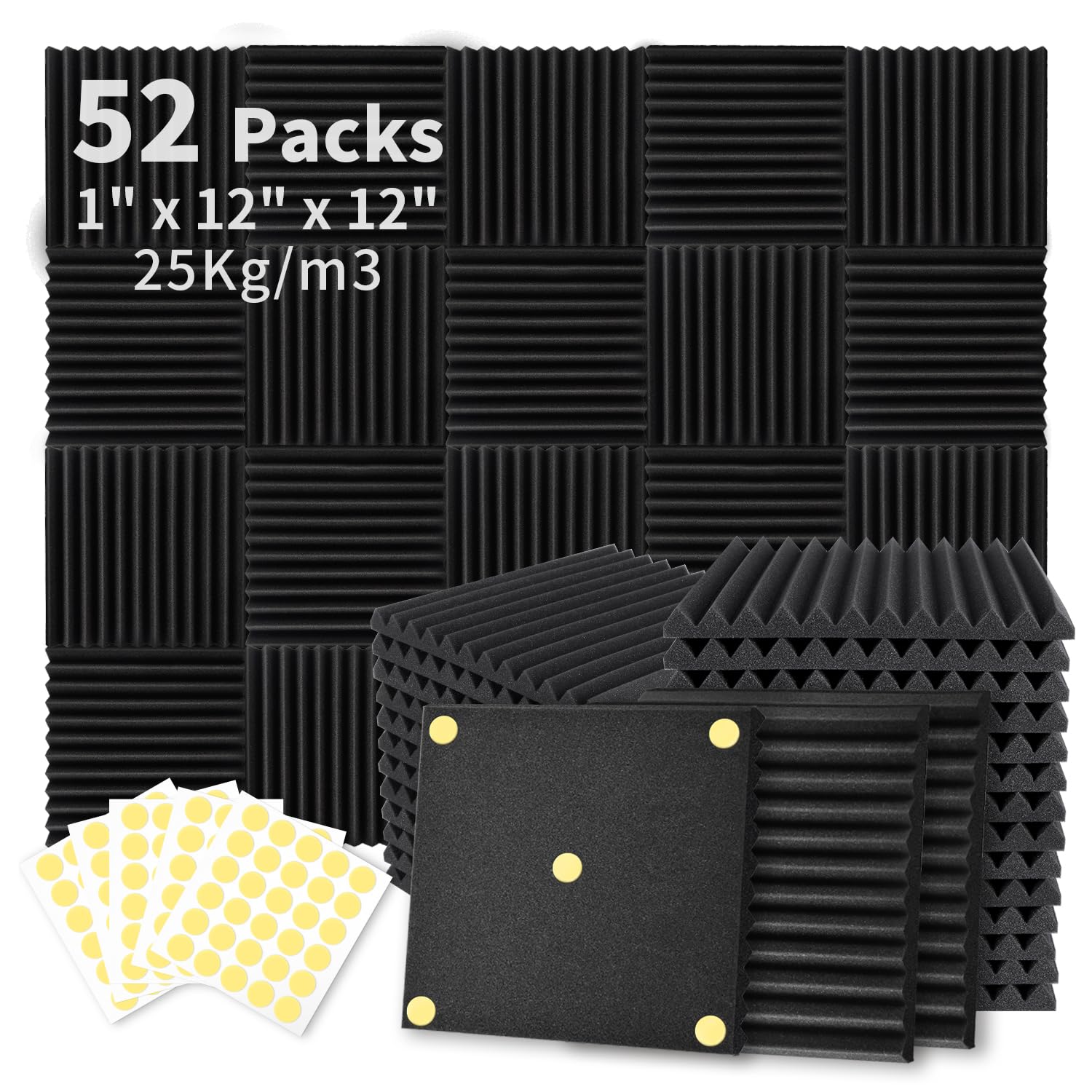 Focusound 52 Pack Acoustic Foam Panels 1" x 12" x 12" Sound Proof Foam Panles So