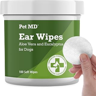Pet MD Dog Ear Cleaning Wipes – Otic Cleanser for Dogs - 100 ct | Soothing Ear Care with Aloe Vera & Eucalyptus, Regular Wipes