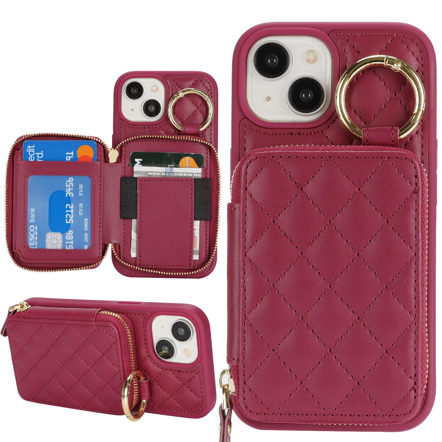 for iPhone 14 Case Wallet with Card Holder-Dark red