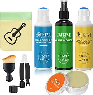 Guitar Cleaning Kit – 8-Pack Complete Care Set with Innovative Sponge Applicator | Guitar Cleaner, Lemon Oil(fretboard oil), Polish Wax, String Cleaner, Winder, Brush & Microfiber Cloth