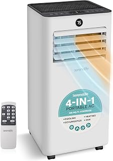 SereneLife 8000 BTU Portable Air Conditioner with Heat, Compact 4-in-1 Portable AC & Heater for Room Up to 350 Sq Ft with Dehumidifier & Fan Function, Remote Control, Window Mount Kit, 13" x 11" x 26"