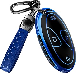 Lucrum Compatible with Hyundai Key Fob Cover &amp; Keychain | Fits Santa Fe, Sonata, Tucson, Grandeur, Ioniq 6, KONA, Elantra - For 7 Button Remote (2022-2025) - Blue and Black