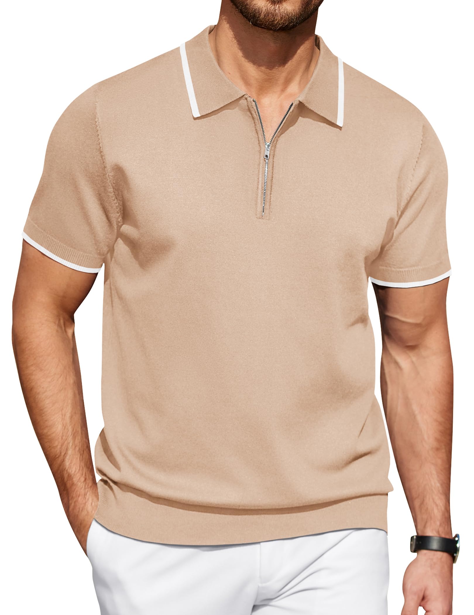 COOFANDY Men's Polo Shirt Zipper Casual Knit Short Sleeve Polo T Shirt Classic F