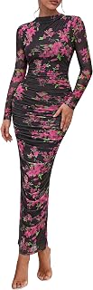 PRETTYGARDEN Maxi abito da donna a maniche lunghe 2025 autunno increspato aderente floreale in rete formale per matrimoni e cocktail party