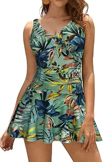 SHEKINI Women's One-Piece Swimsuit V-Neck Elegant Swimsuit Dress Swim Skirt Retro Ruched Tummy Control Swimming Dress Bathing Skirt Tankini