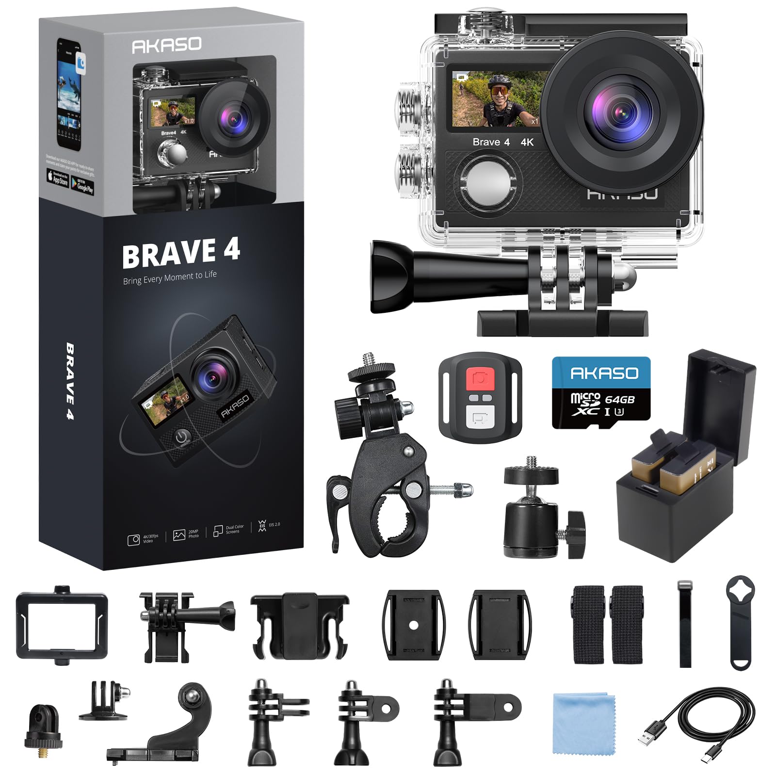 AKASO Brave 4 4K30fps 20MP WiFi Action Camera with 64GB MicroSD Card Bundle | 20