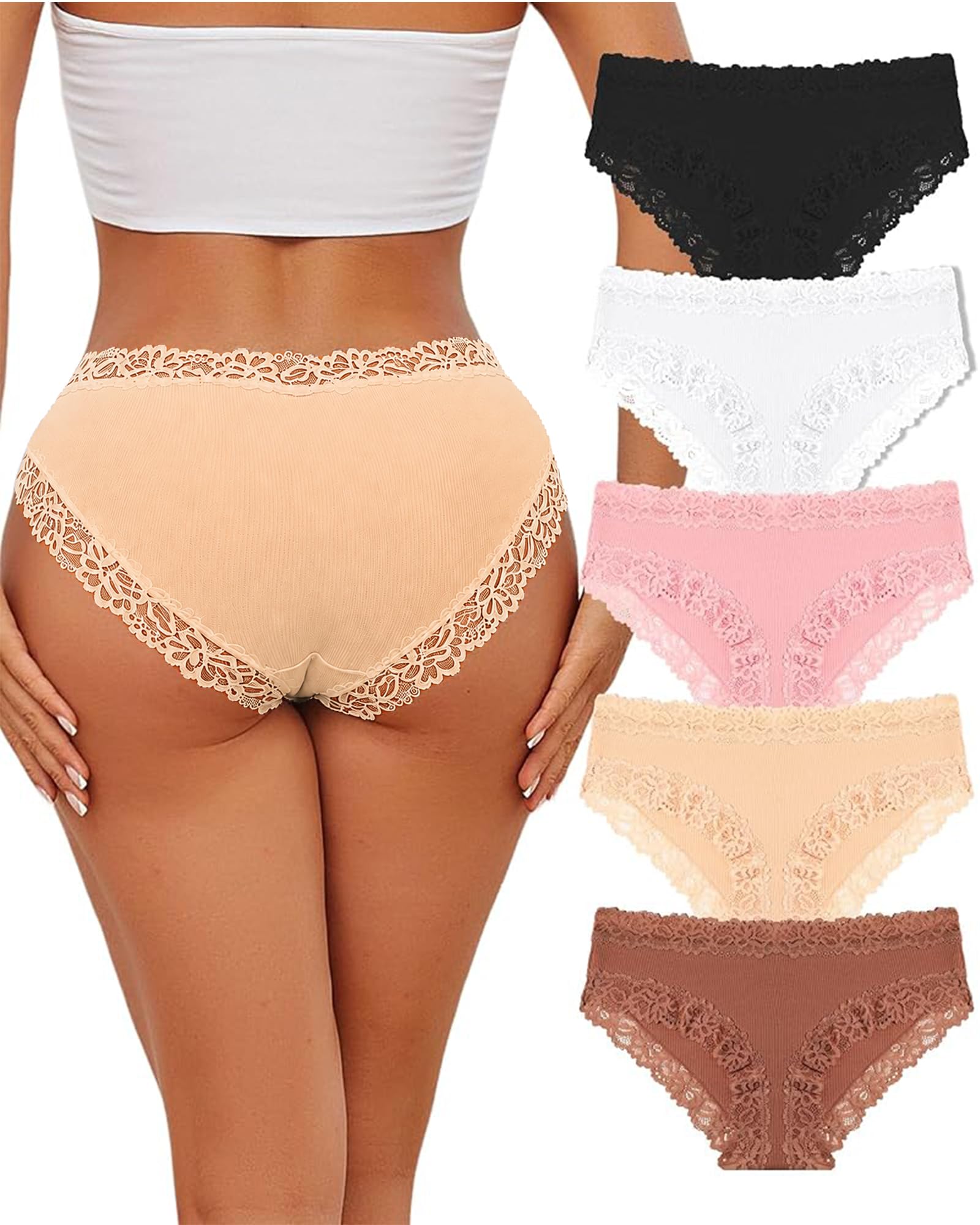 FINETOO 5er Women's Cotton Briefs with Lace Underwear Soft Low Waist Sexy Pantie