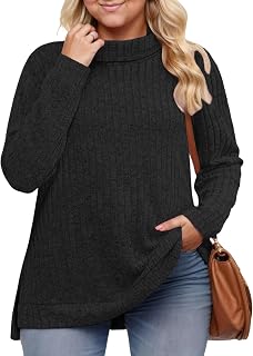 VISLILY Women's Plus-Size-Tops Trendy Turtleneck Sweaters Lightweight Casual Shirts Long Sleeve Dressy Side Slit Tunics 1X-5X