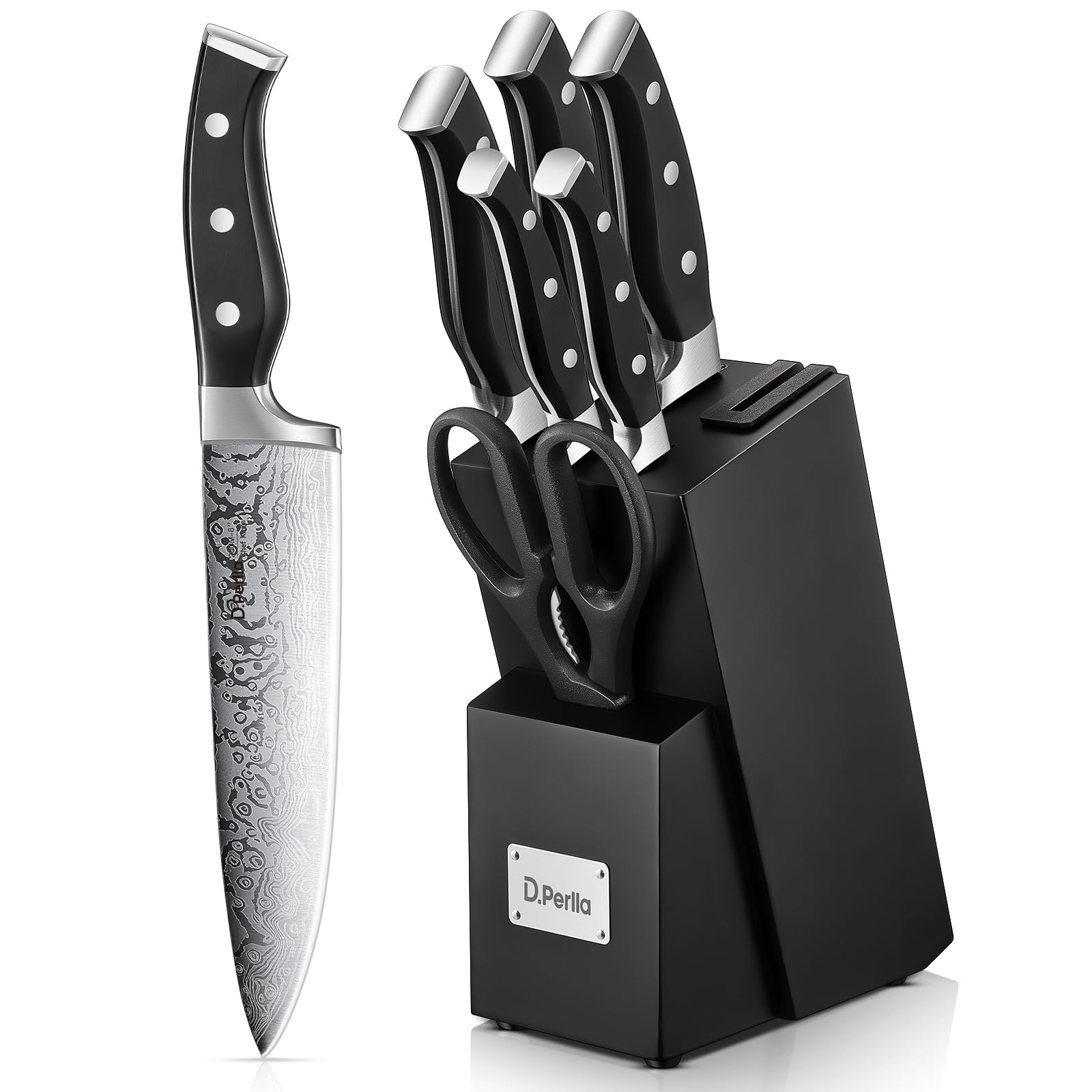D.Perlla Knife Set, 7 Pieces Kitchen Knife Set with Self Sharpening Wooden Block